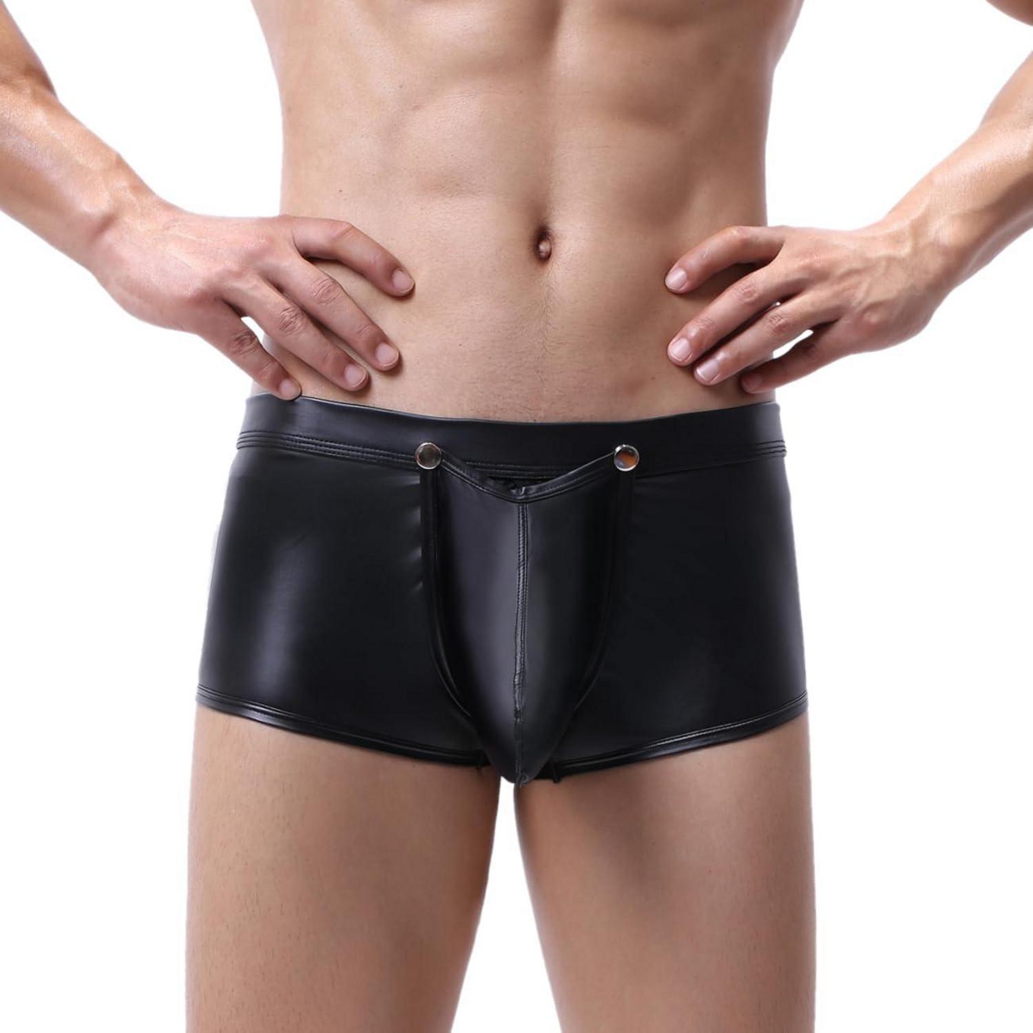 Herren Boxershorts Wetlook Männer String Kunstleder Schwarz