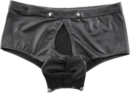 Herren Wetlook Boxershorts String Kunstleder Pouch Schwarz M