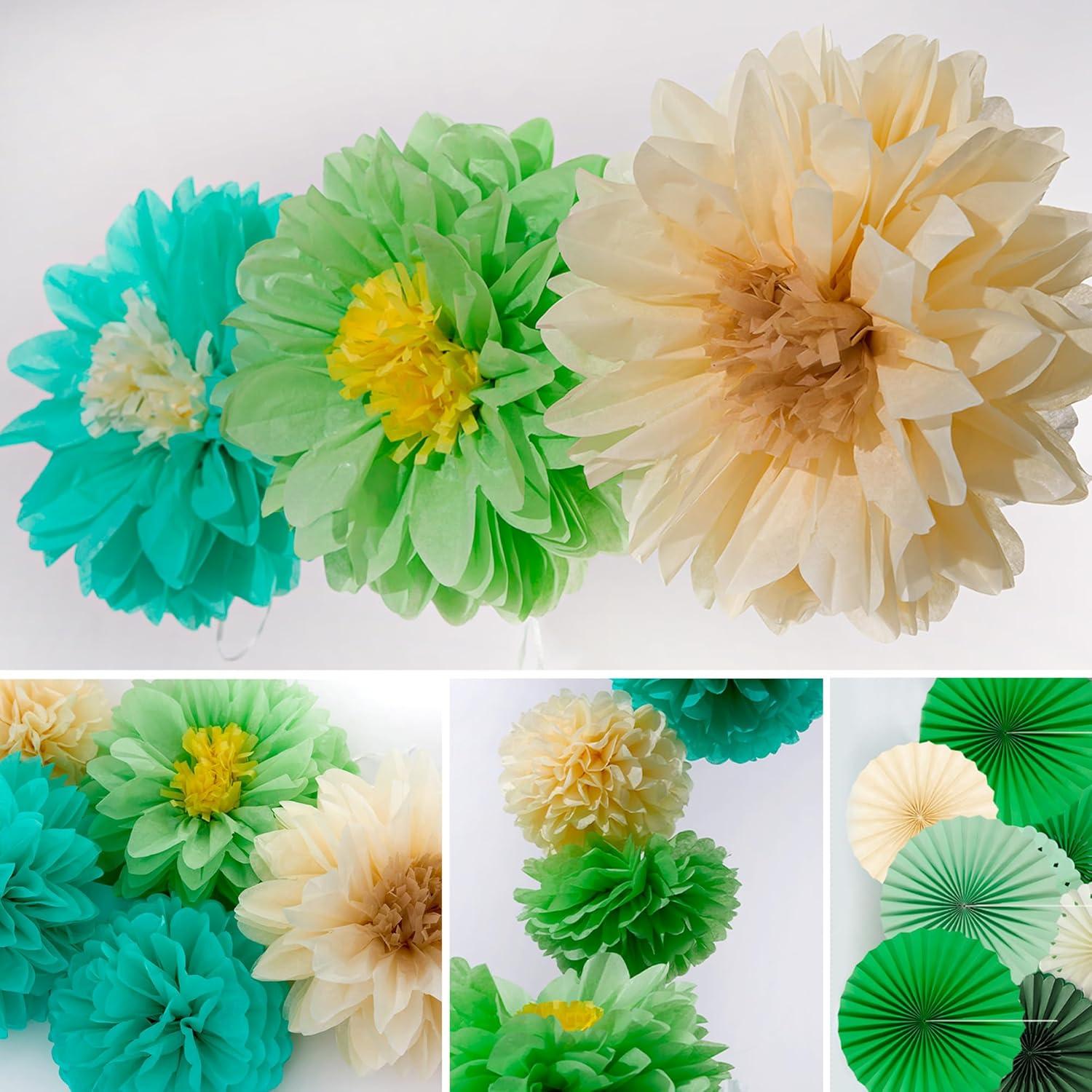 Papierblumen und Fächer Set für Gartenparty Deko - Grüne Dekoration