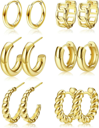 Goldene Creolen Ohrringe Set 6 Paar 14K Vergoldet Hypoallergen Chunky