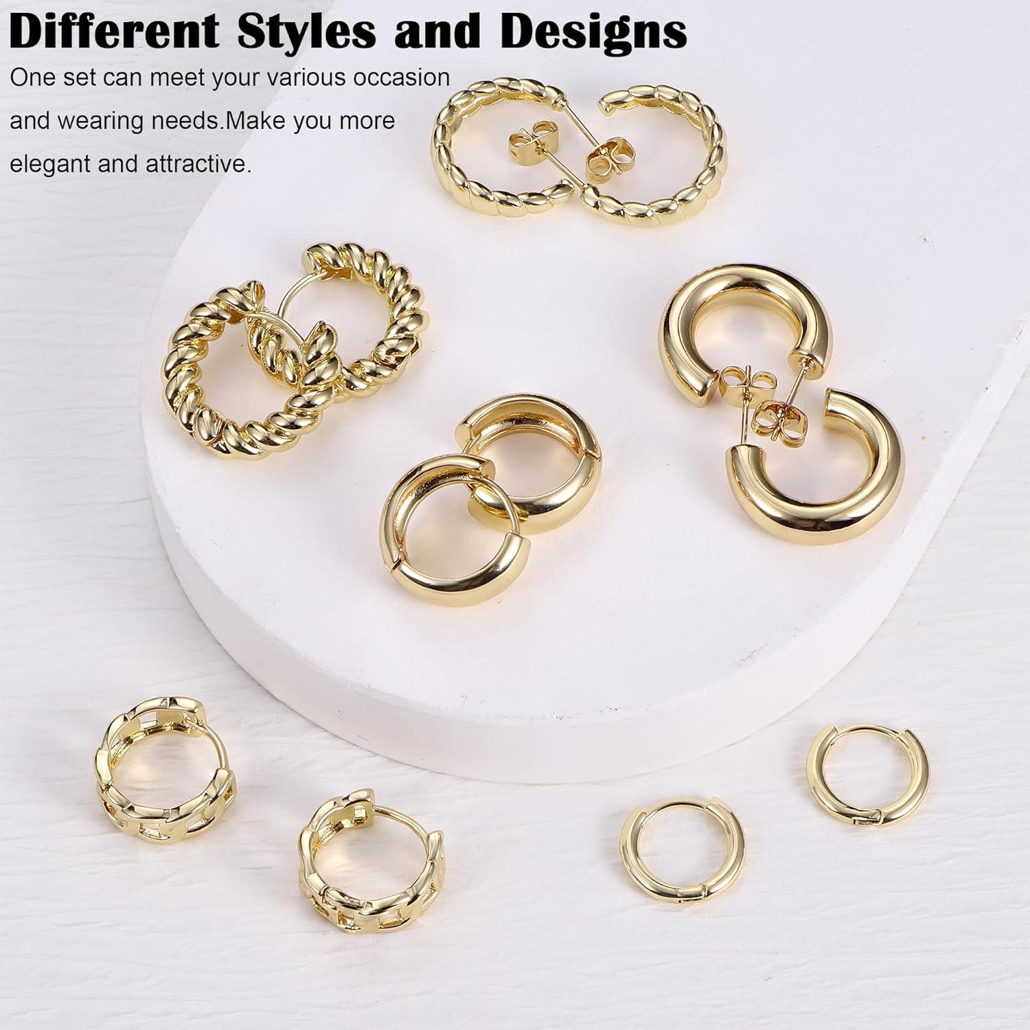 6 Paar Goldene Creolen Ohrringe Set Damen 14K Vergoldet Chunky