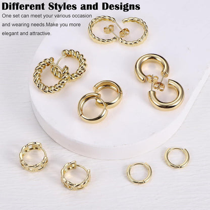 6 Paar Goldene Creolen Ohrringe Set Damen 14K Vergoldet Chunky