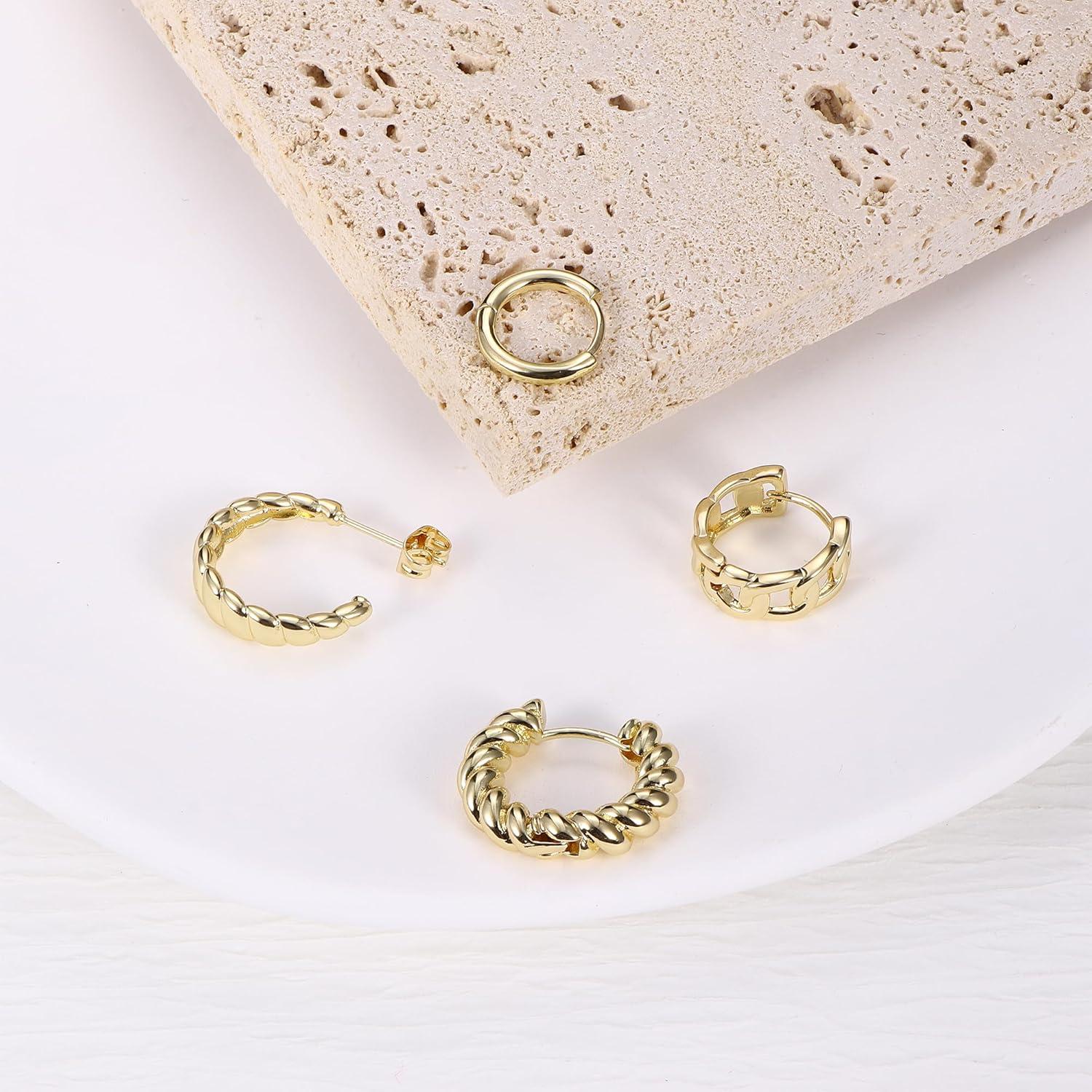 Goldene Creolen Ohrringe Set Damen 6 Paar 14K Vergoldet Chunky Hypoallergen