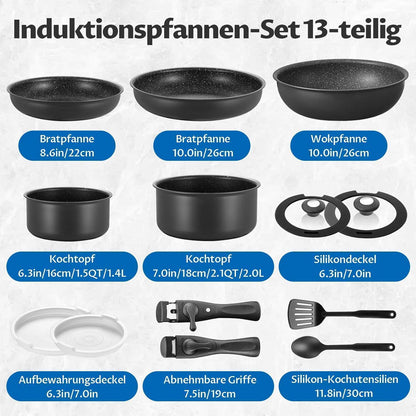 13-teiliges induktionsgeeignetes Pfannenset mit abnehmbaren