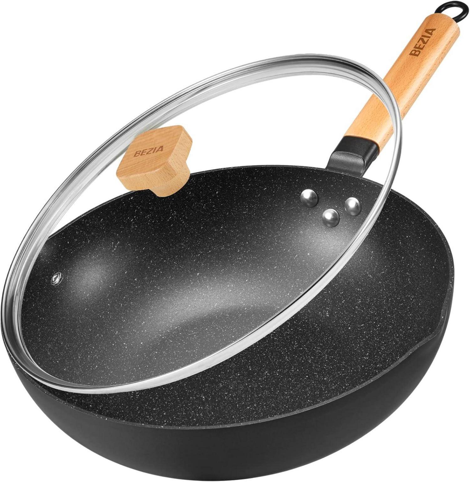 30 cm Induktions Wok Pfanne mit Deckel und Holzgriff