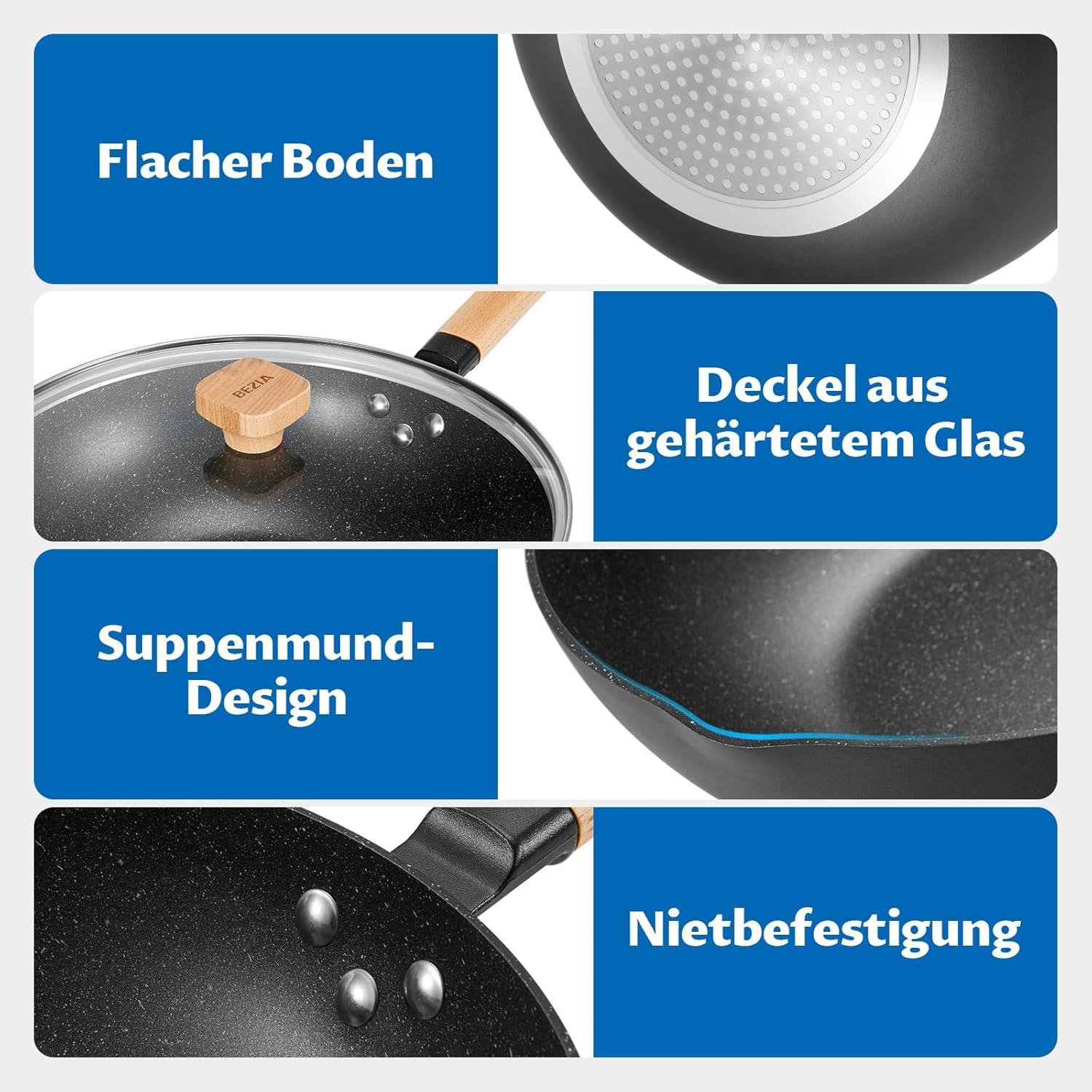 30-cm BEZIA Induktions Wok Pfanne mit Deckel, Antihaft