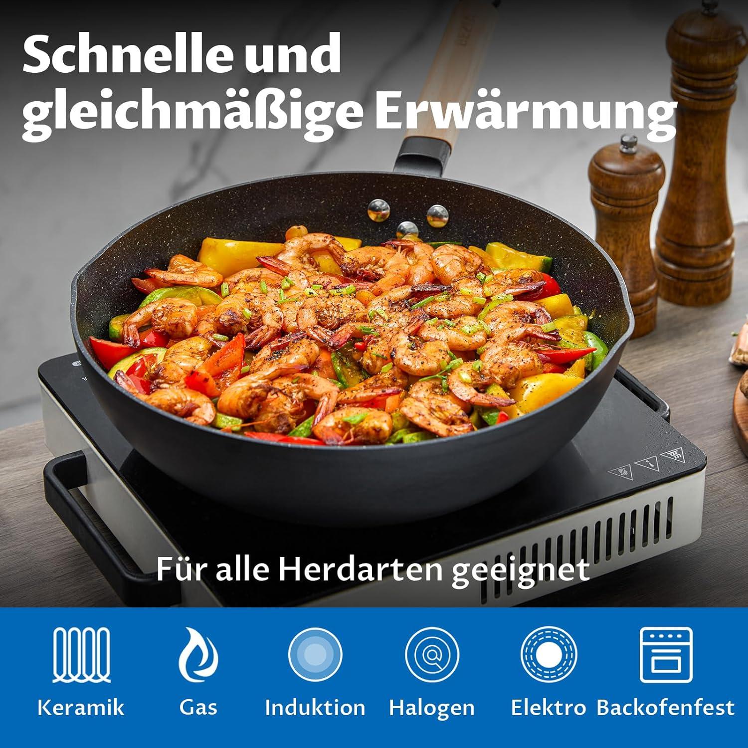 30 cm Induktions Wok Pfanne mit Deckel und Holzgriff