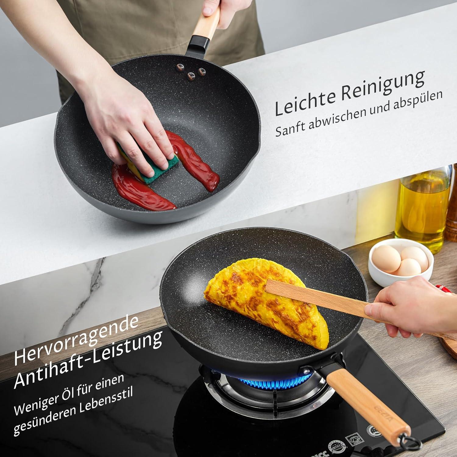 30cm Induktions-Wokpfanne mit Deckel und Holzgriff, Antihaftbeschichtung