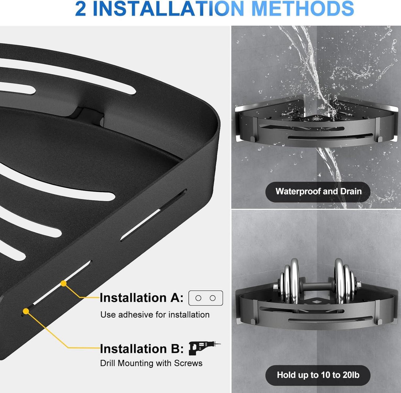 Duschablage Schwarz Matt 2er Set Rostfrei Eckregal 4 Haken Badezimmer Organizer