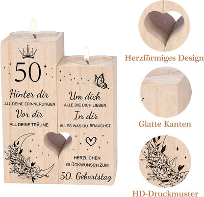 Holz Kerzenhalter Herzform 50. Geburtstag Deko Geschenk