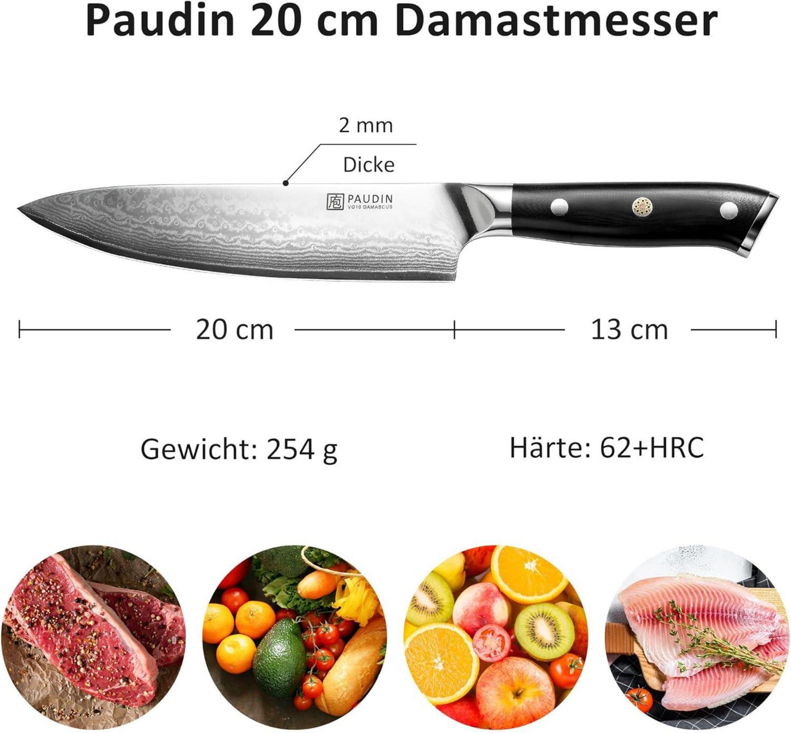 PAUDIN Damastmesser 20 cm Kochmesser Küchenmesser VG-10 Kern
