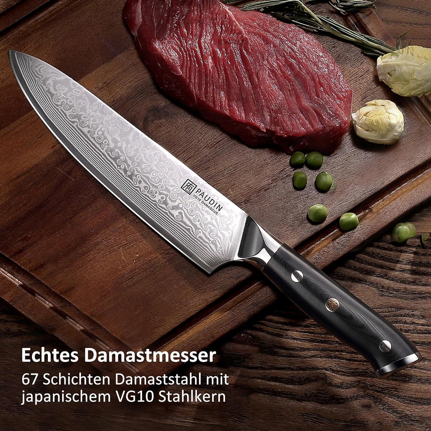 PAUDIN Damastmesser 20cm Küchenmesser Profi Kochmesser Damaststahl G10-Griff