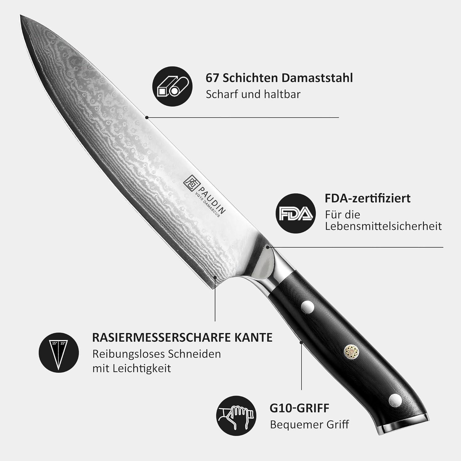 PAUDIN Damastmesser 20cm Küchenmesser Profi Kochmesser Damaststahl G10-Griff