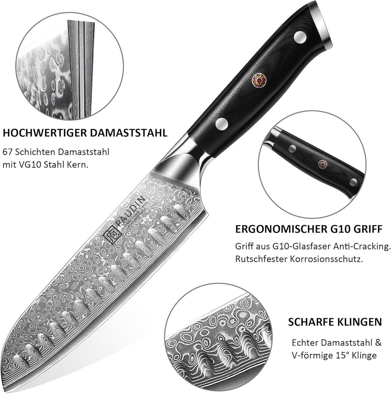 PAUDIN Damastmesser Set 3-teilig Santoku Küchenmesser VG10 Kern