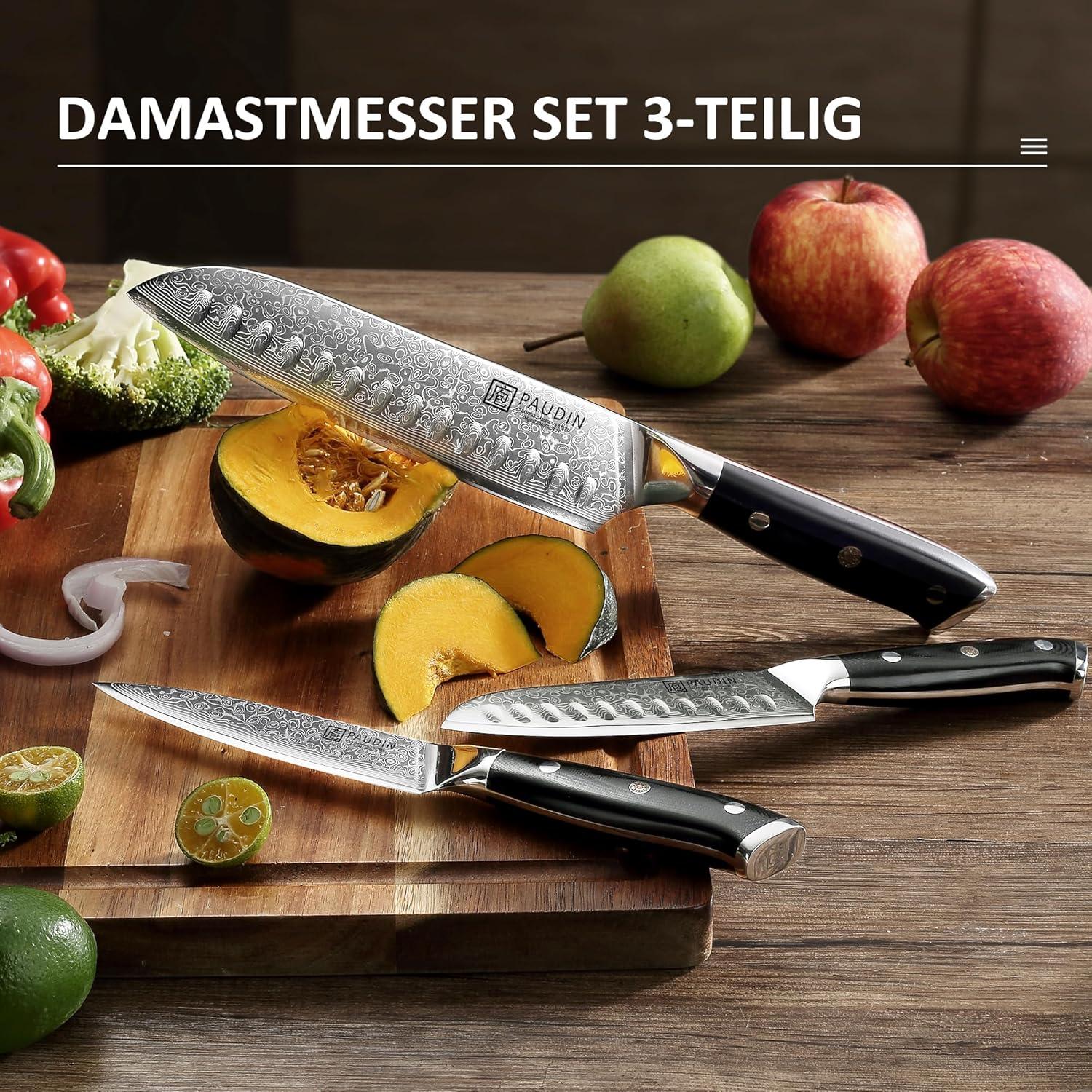 Damastmesser Set 3-tlg. Santokumesser Küchenmesser 67-Schichten VG10 Stahl