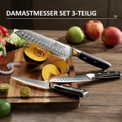 Damastmesser Set 3-tlg. Santokumesser Küchenmesser 67-Schichten VG10 Stahl