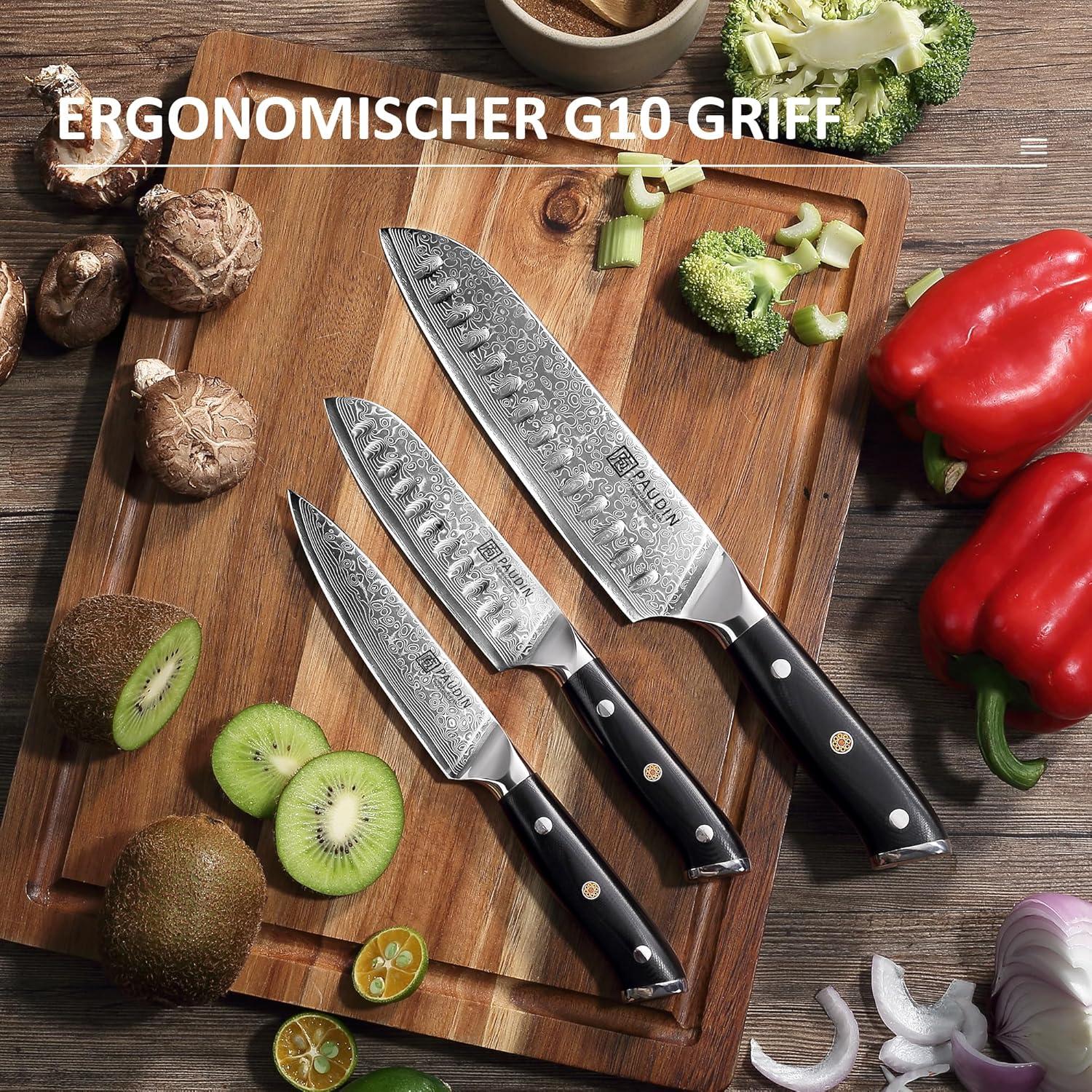 PAUDIN Damastmesser Set 3-teilig Santoku Küchenmesser VG10 Kern