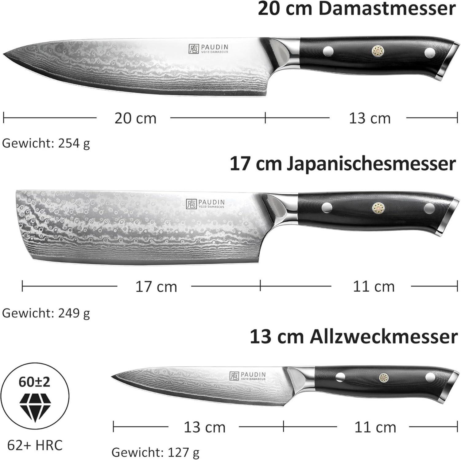 PAUDIN 3-tlg Küchenmesser Set Damast VG10 Stahl G10 Griff