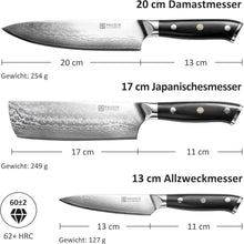 PAUDIN 3-tlg Küchenmesser Set Damast VG10 Stahl G10 Griff