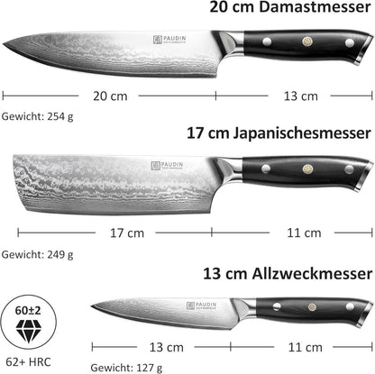 PAUDIN 3-tlg Küchenmesser Set Damast VG10 Stahl G10 Griff