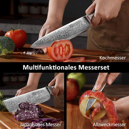 PAUDIN 3-tlg Küchenmesser Set Damastmesser VG10 G10 Griff Profi Schneidemesser