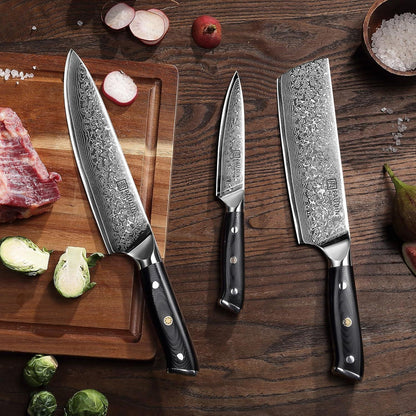 3-tlg Damastmesser Set 67 Schichten VG10 Stahl G10 Griff