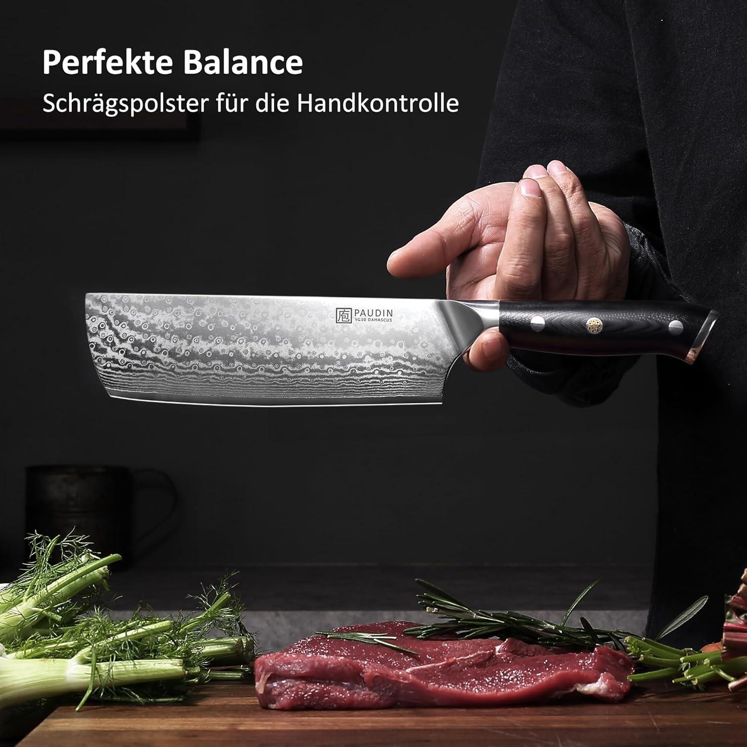 PAUDIN 3-tlg Küchenmesser Set Damastmesser VG10 G10 Griff Profi Schneidemesser