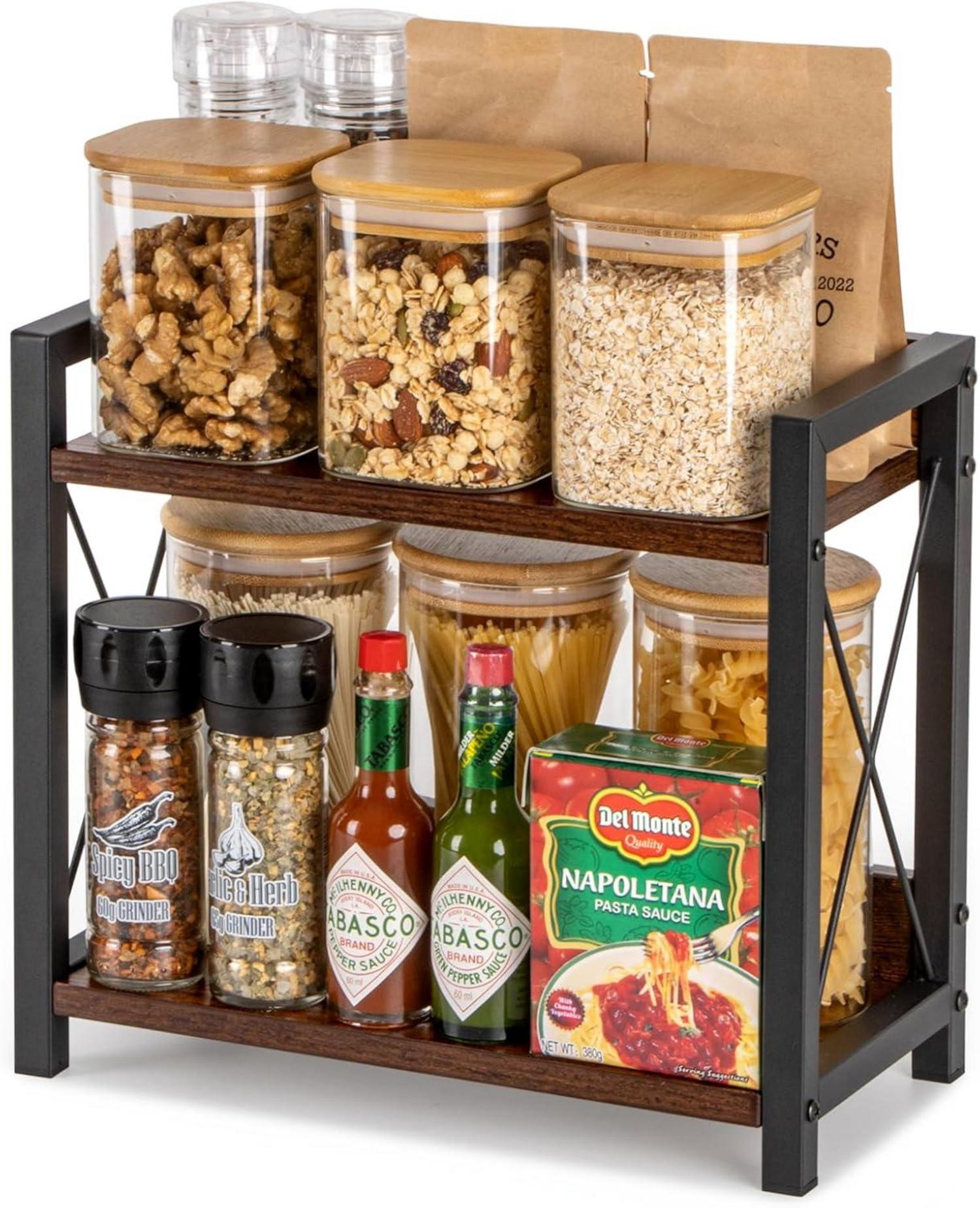 Gewürzregal Holz 2 Tier Organizer Küche Aufbewahrung Braun