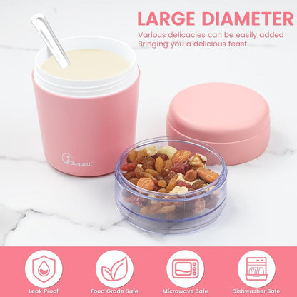 Bugucat Müslibecher to Go 2in1 650ml, Lunchpot Joghurtbecher Salatbecher mit Löffel, Rosa
