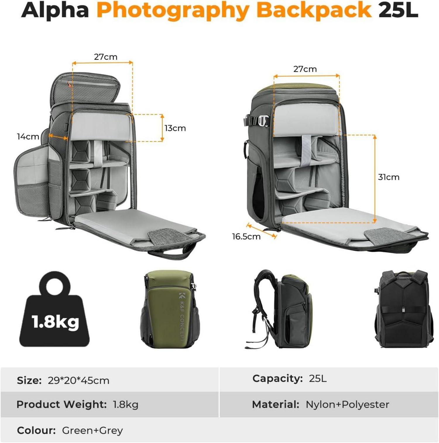 K&F Concept Kamerarucksack 25L Fotorucksack 16Zoll-Laptopfach Canon Nikon Sony