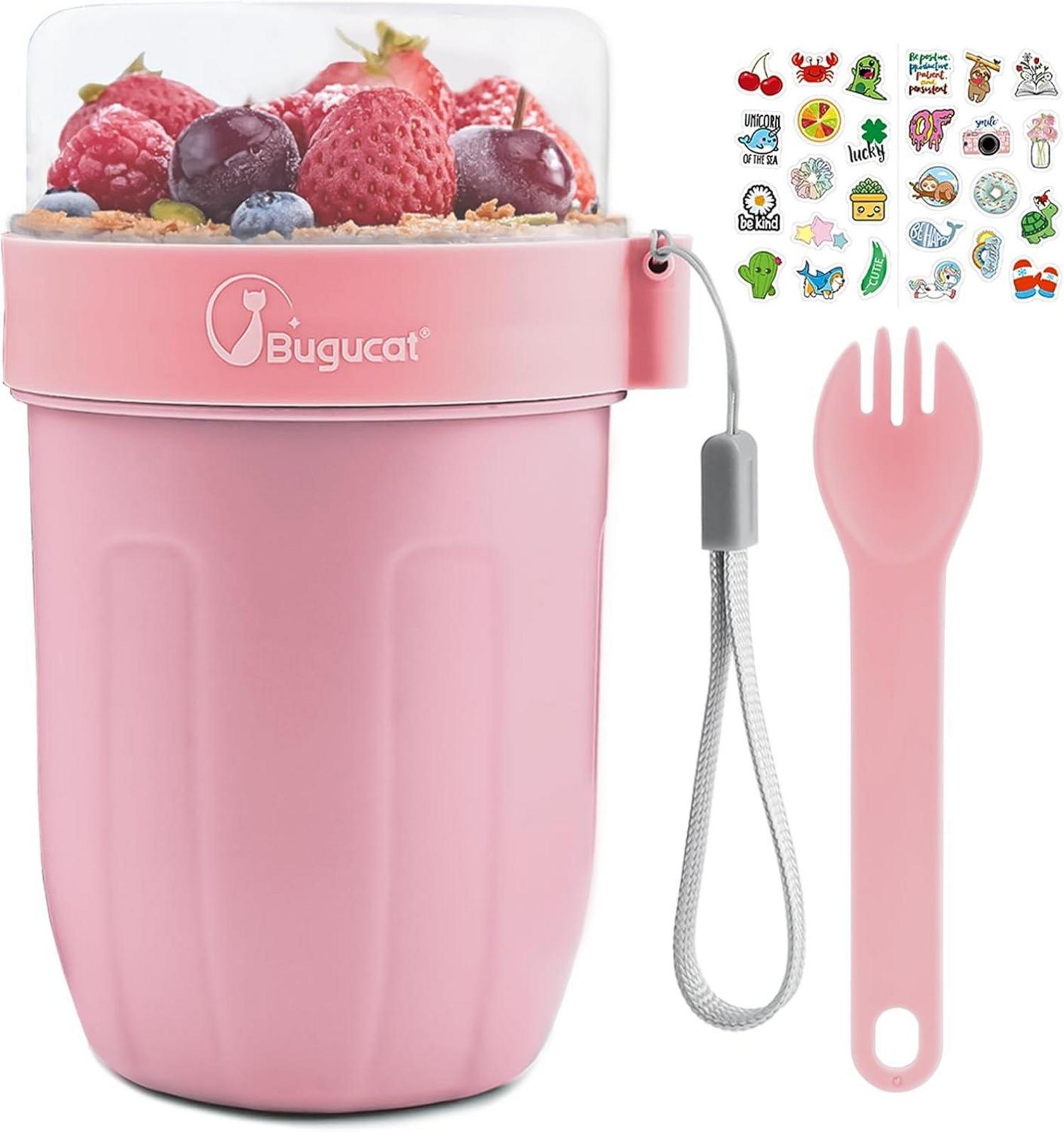 2in1 Müsli und Joghurtbecher to Go, Rosa mit Löffel und Aufkleber
