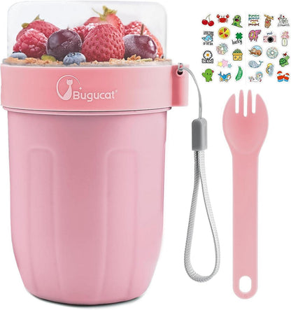 2in1 Müsli und Joghurtbecher to Go, Rosa mit Löffel und Aufkleber