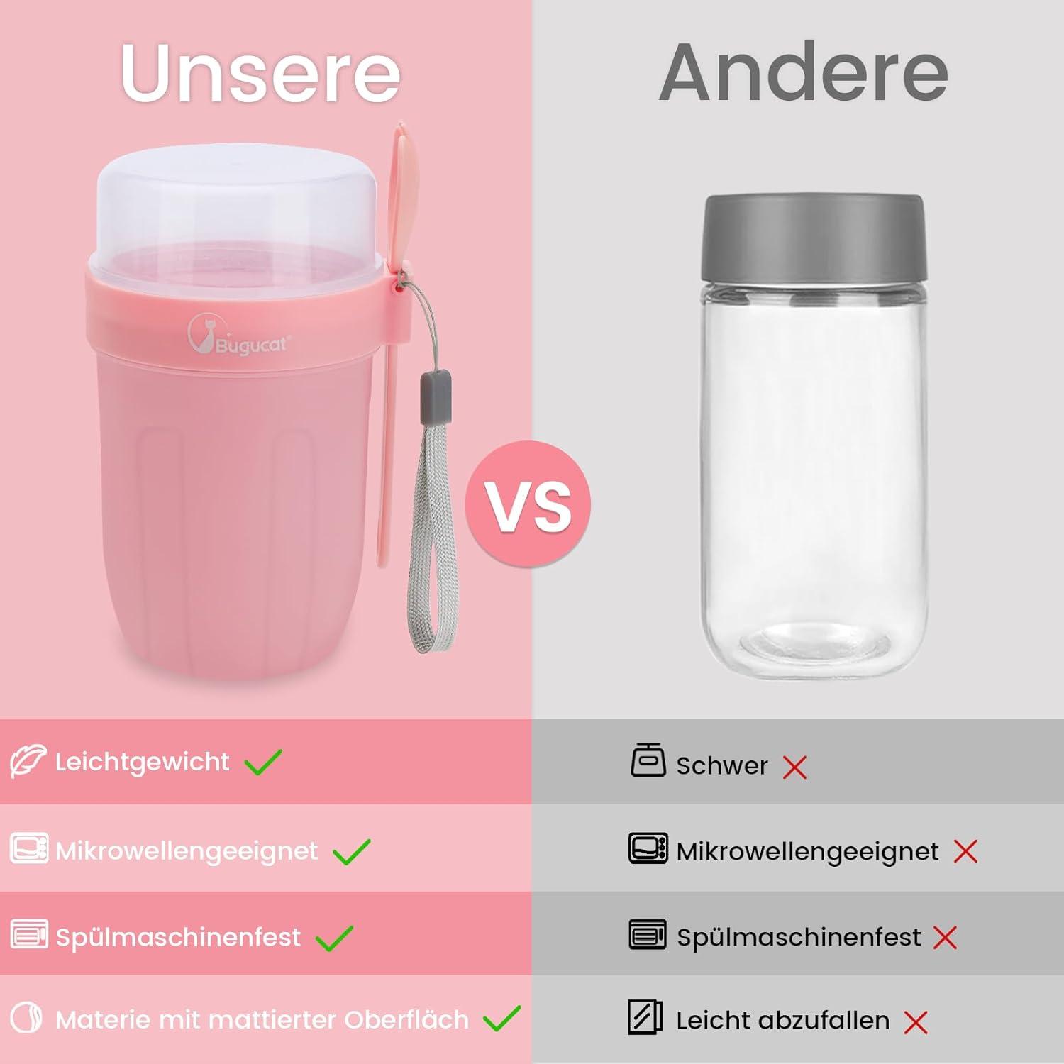 2in1 Müsli und Joghurtbecher to Go, Rosa mit Löffel und Aufkleber