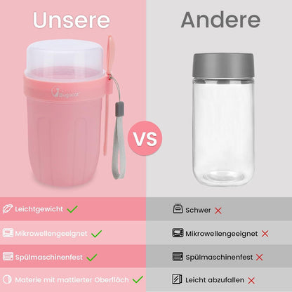 2in1 Müsli und Joghurtbecher to Go, Rosa mit Löffel und Aufkleber