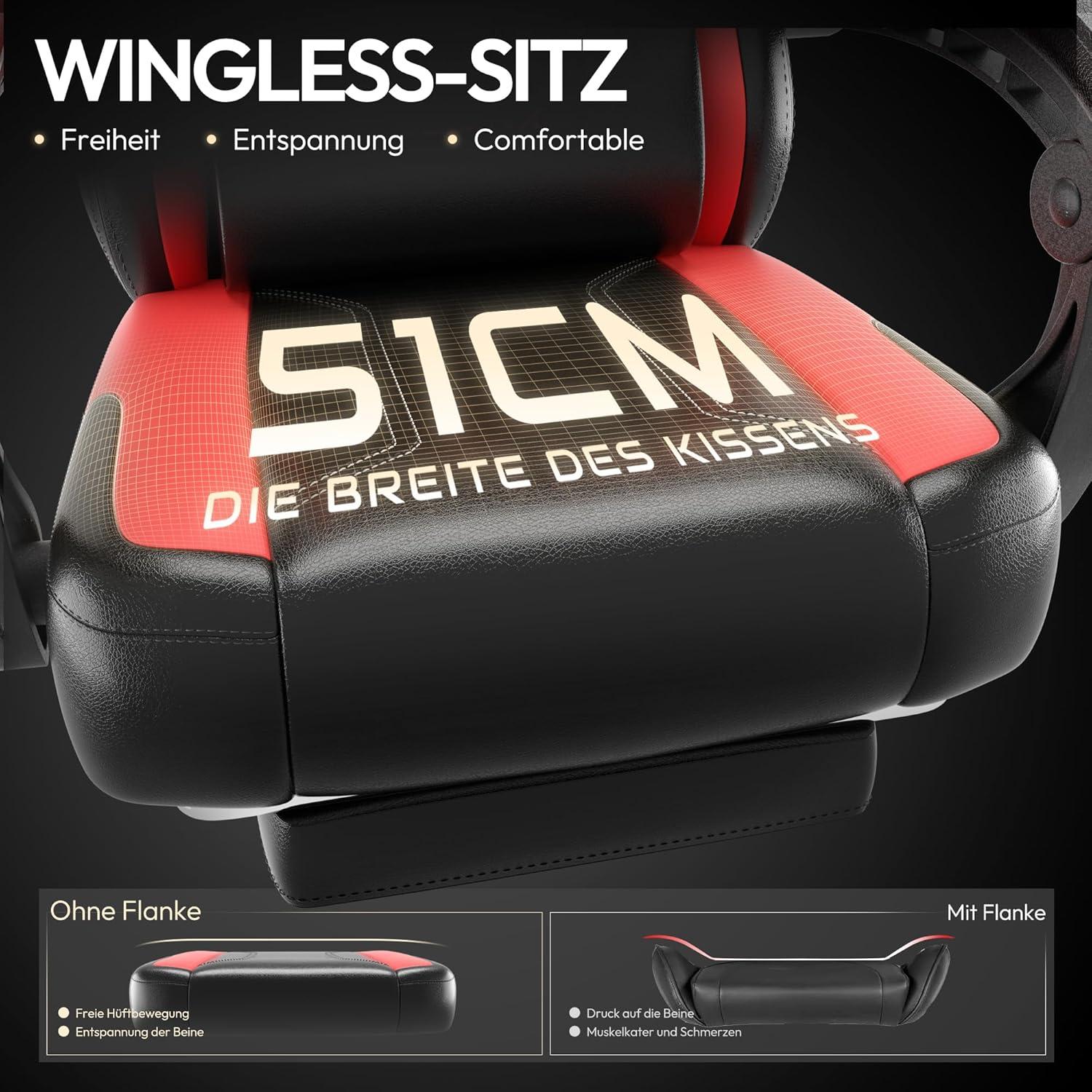 Ergonomischer Gaming Stuhl mit Lendenwirbelstütze und breiter Rückenlehne, Rot