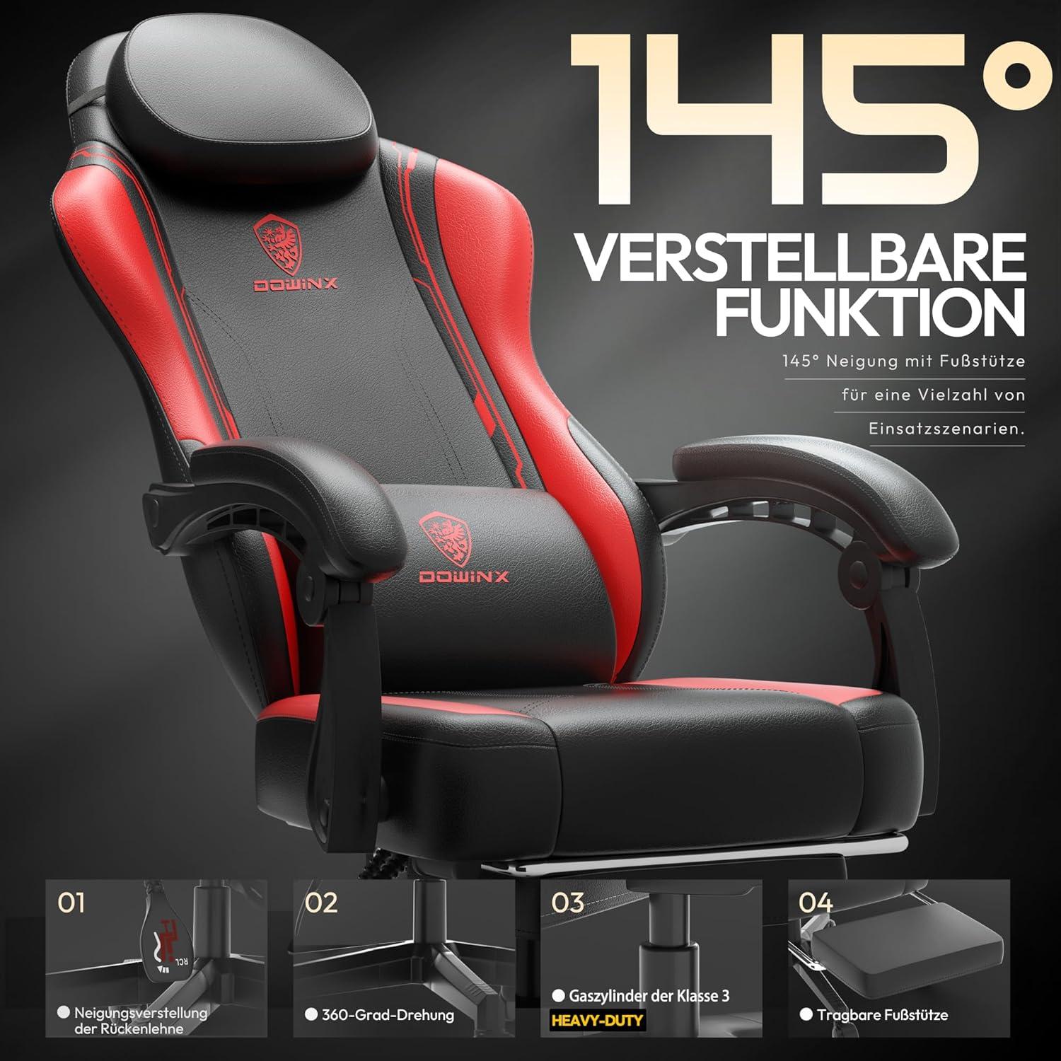 Ergonomischer Gaming Stuhl mit Lendenwirbelstütze und breiter Rückenlehne, Rot