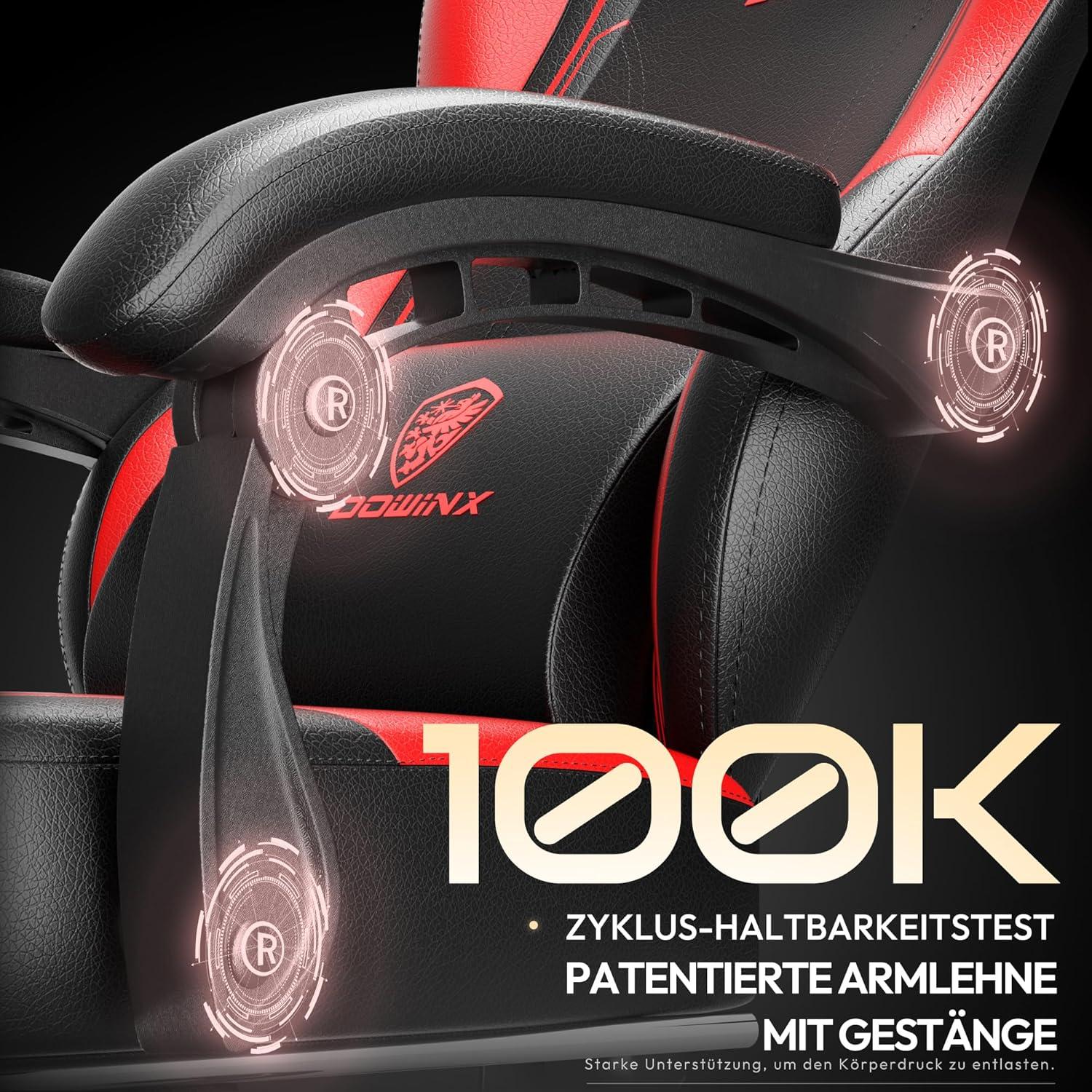 Gaming Stuhl Racing Gamer Stuhl mit Lendenwirbelstütze und Fußstütze, 150KG, rot