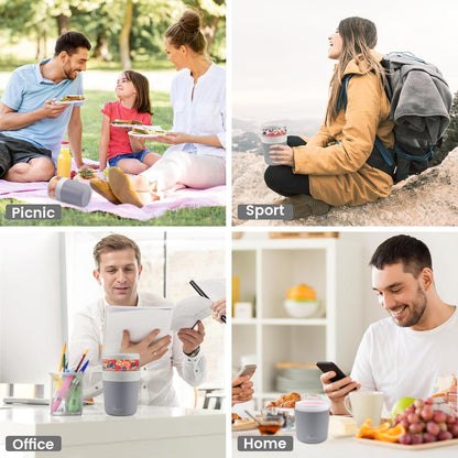 Bugucat Müslibecher to Go 2in1 Joghurtbecher Picknick Lunchpot 500ml+150ml Grau