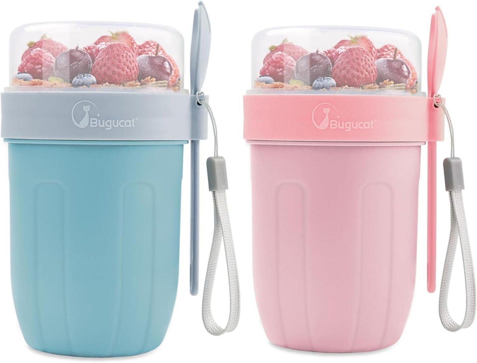 Müsli Cup to Go Becher mit Löffel Blau Rosa 2in1 Becher Unterwegs