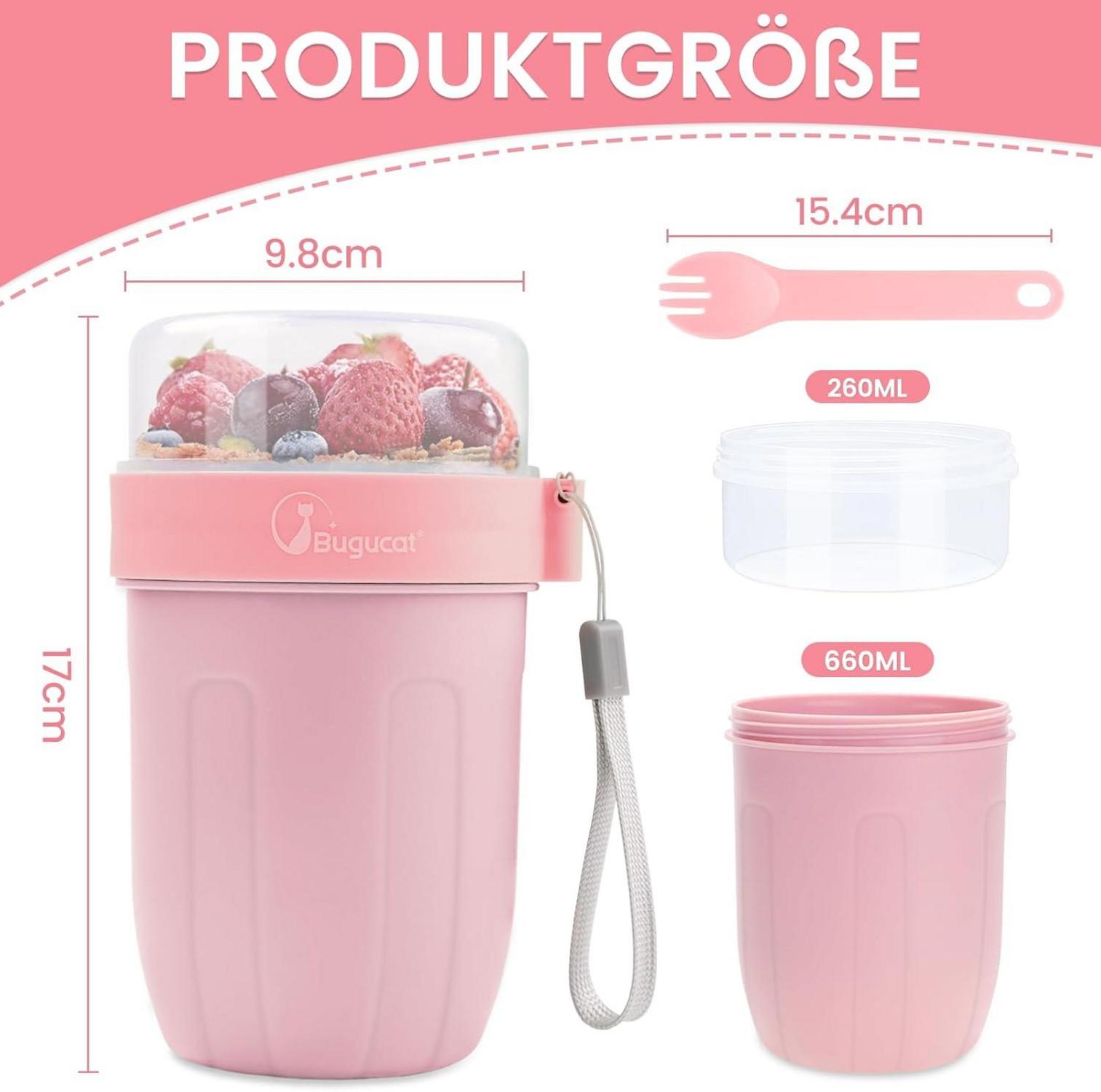 Bugucat Müslibecher to Go 920ML Blau Rosa 2in1 Joghurtbecher
