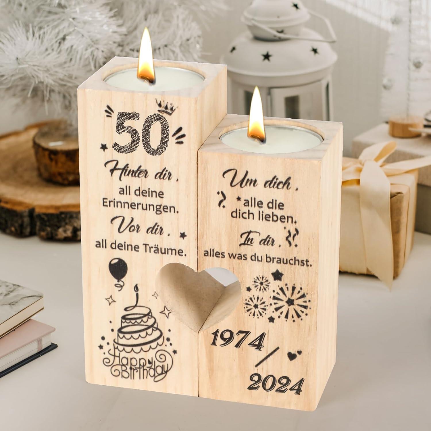 Personalisierter Holz-Kerzenständer 50. Geburtstag Deko