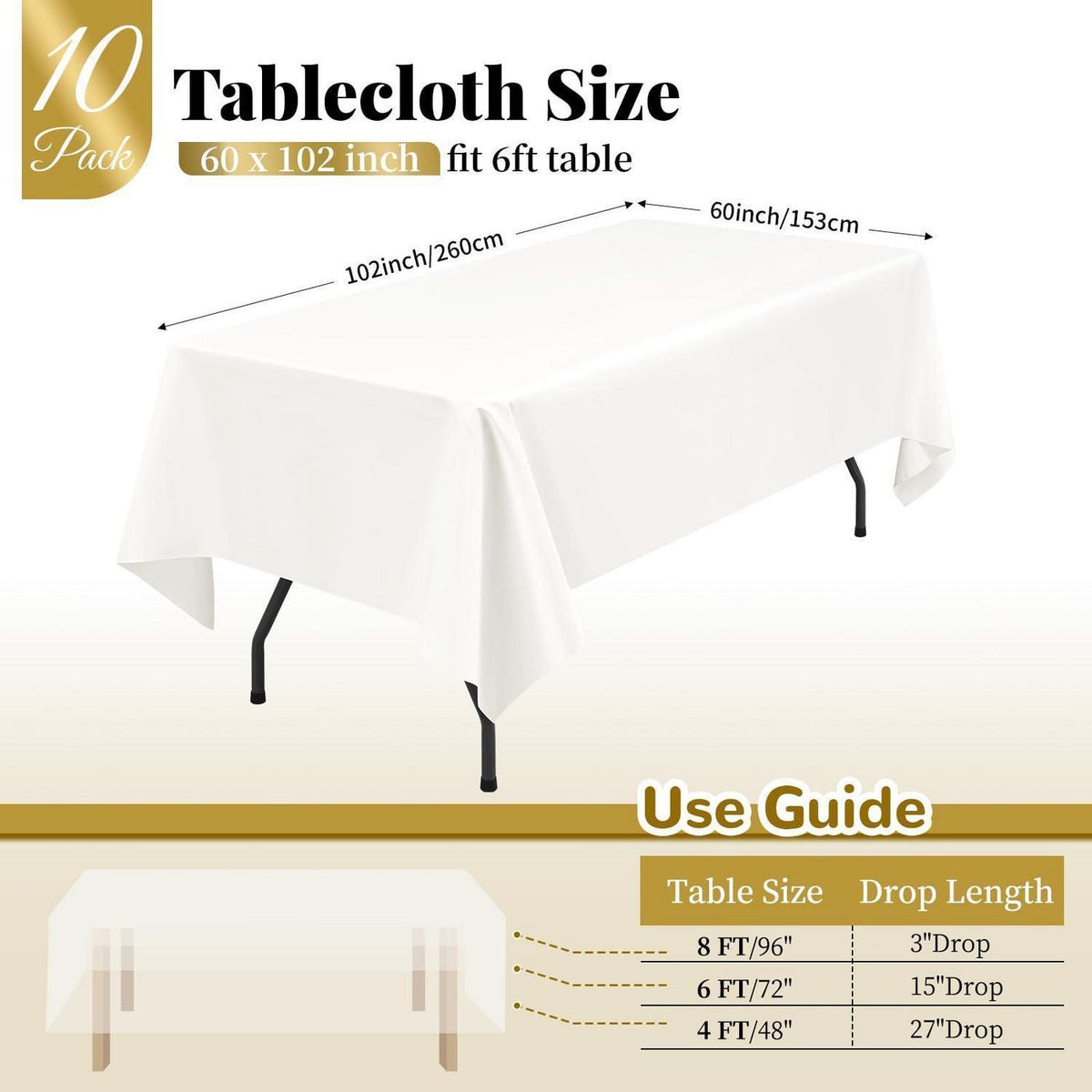 10x Elfenbeinfarbene Tischdecken 153x260cm – Rechteckig & Waschbar