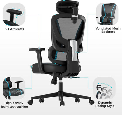Ergonomischer Gaming Bürostuhl mit Lordosenstütze und Kopfstütze, Schwarz-blau