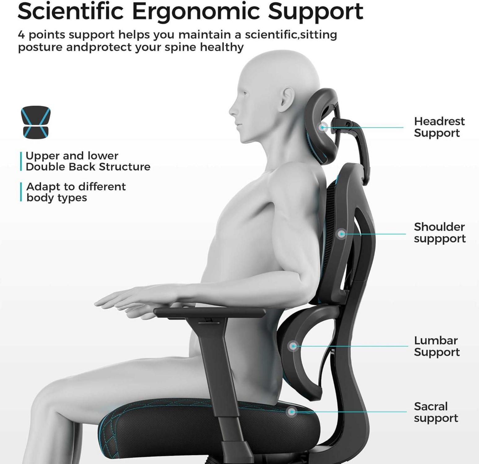 Ergonomischer Gaming Bürostuhl mit Lordosenstütze, Kopfstütze, Sitzkissen - 136