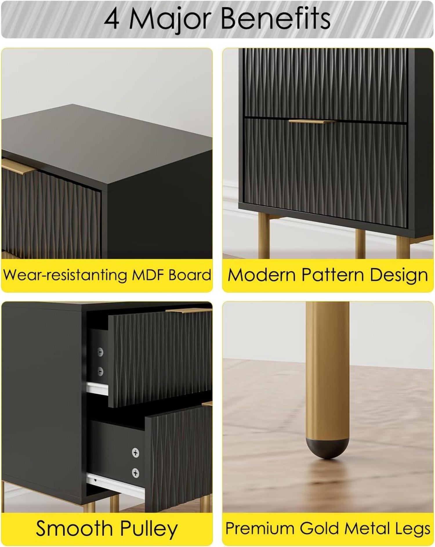Moderne Nachtkommode mit 2 Schubladen Schwarz Gold MDF