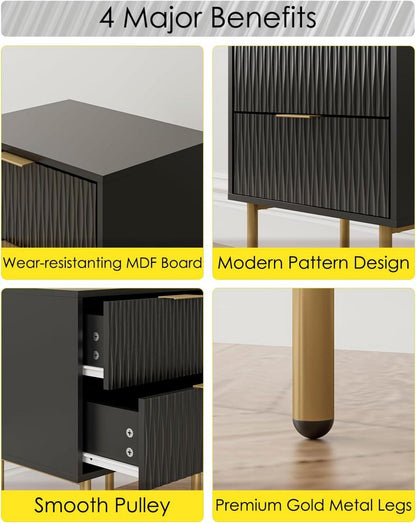 Moderne Nachtkommode mit 2 Schubladen Schwarz Gold MDF