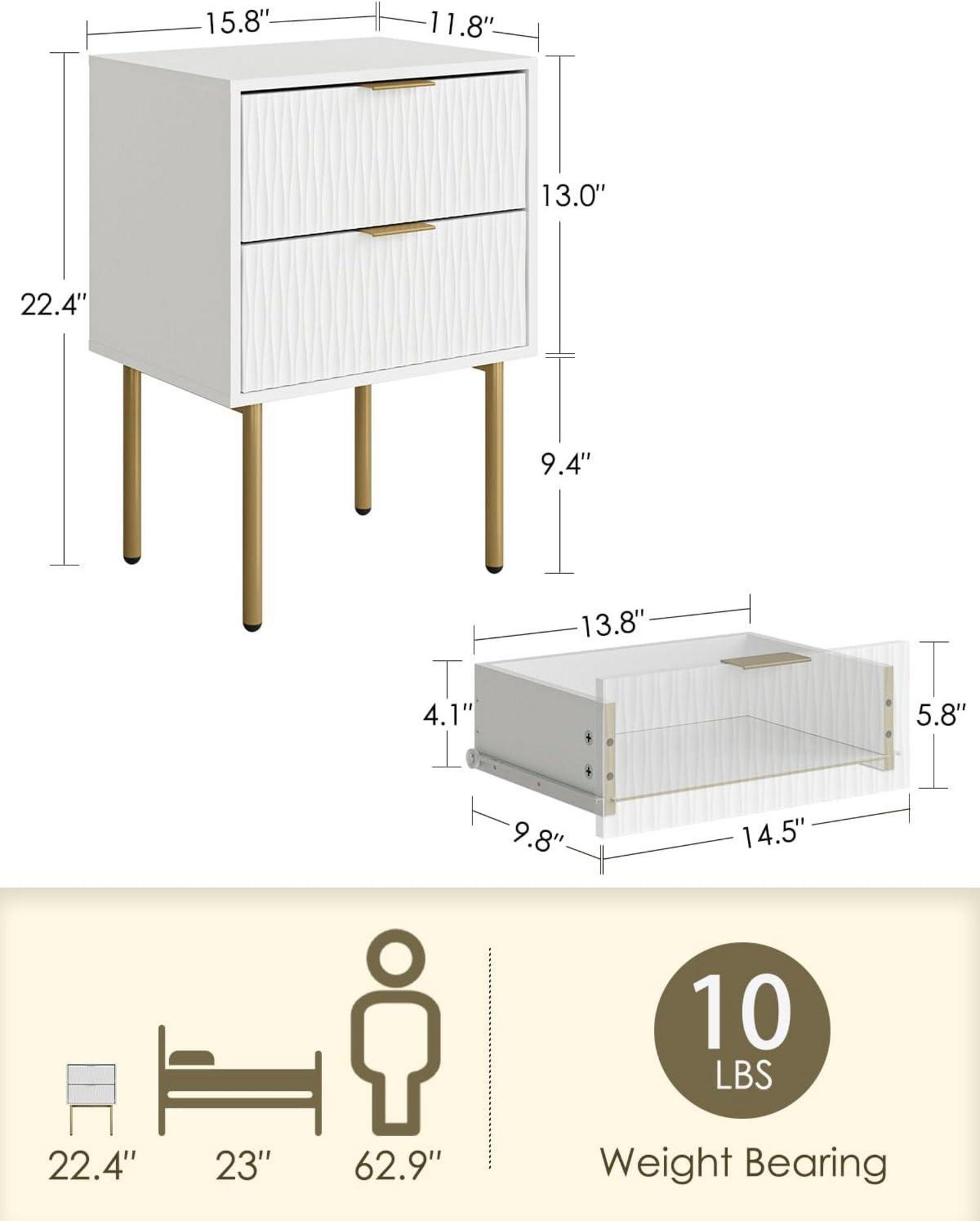 Moderne Nachtkommode mit 2 Schubladen in Weiß und Gold