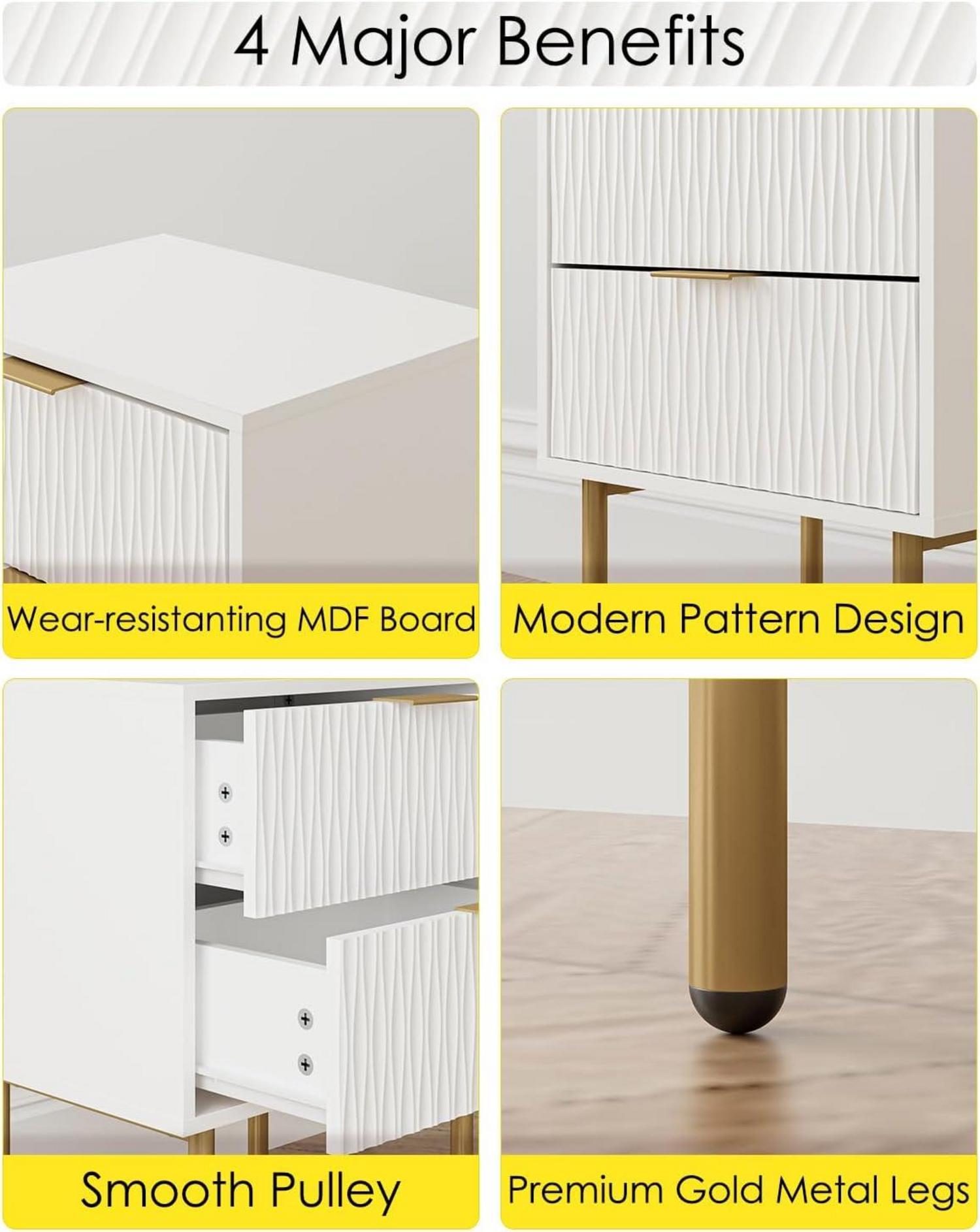 Nachttisch mit 2 Schubladen, Modernes Nachtkästchen, Weiß Gold