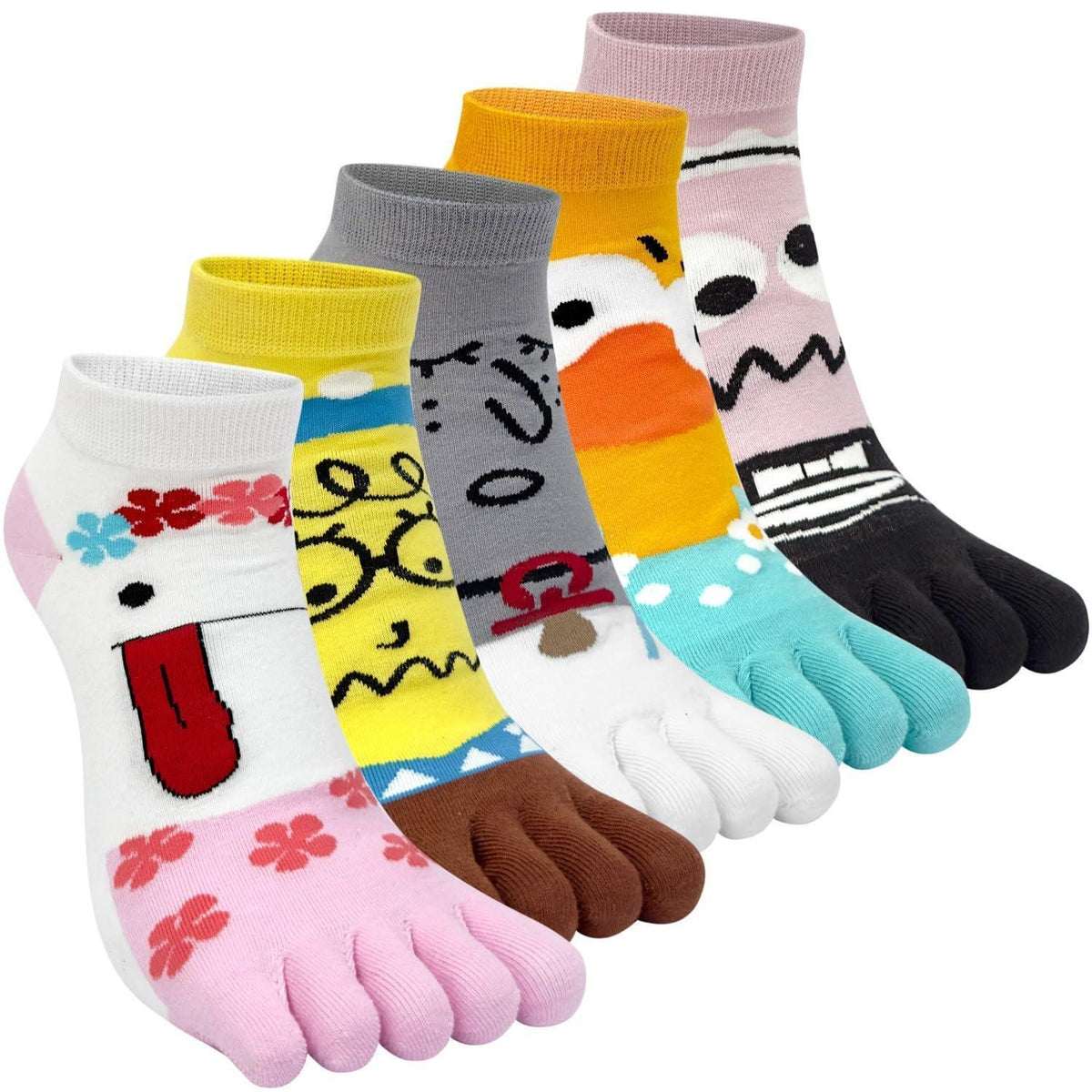 Damen Zehensocken Baumwolle – Tier & Obst Muster 5er Pack (35-40)