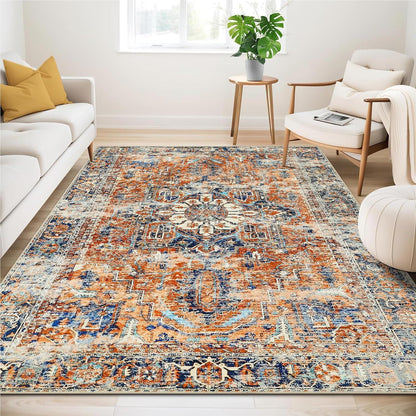 Boho Teppich Wohnzimmer 140x200cm – Orange, Kurzflor & Rutschfest
